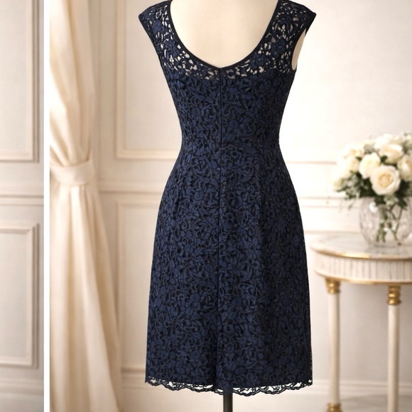 ✨ STUNNING!! WHBM Navy Lace Cocktail Dress | Elegant Floral Lace Overlay - Picture 3 of 3